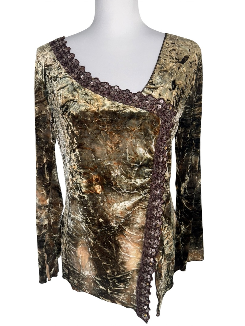 Cubism Women’s Large Velvet Burnout Sequin Asymmetrical Top Brown‎ Stretch NWT